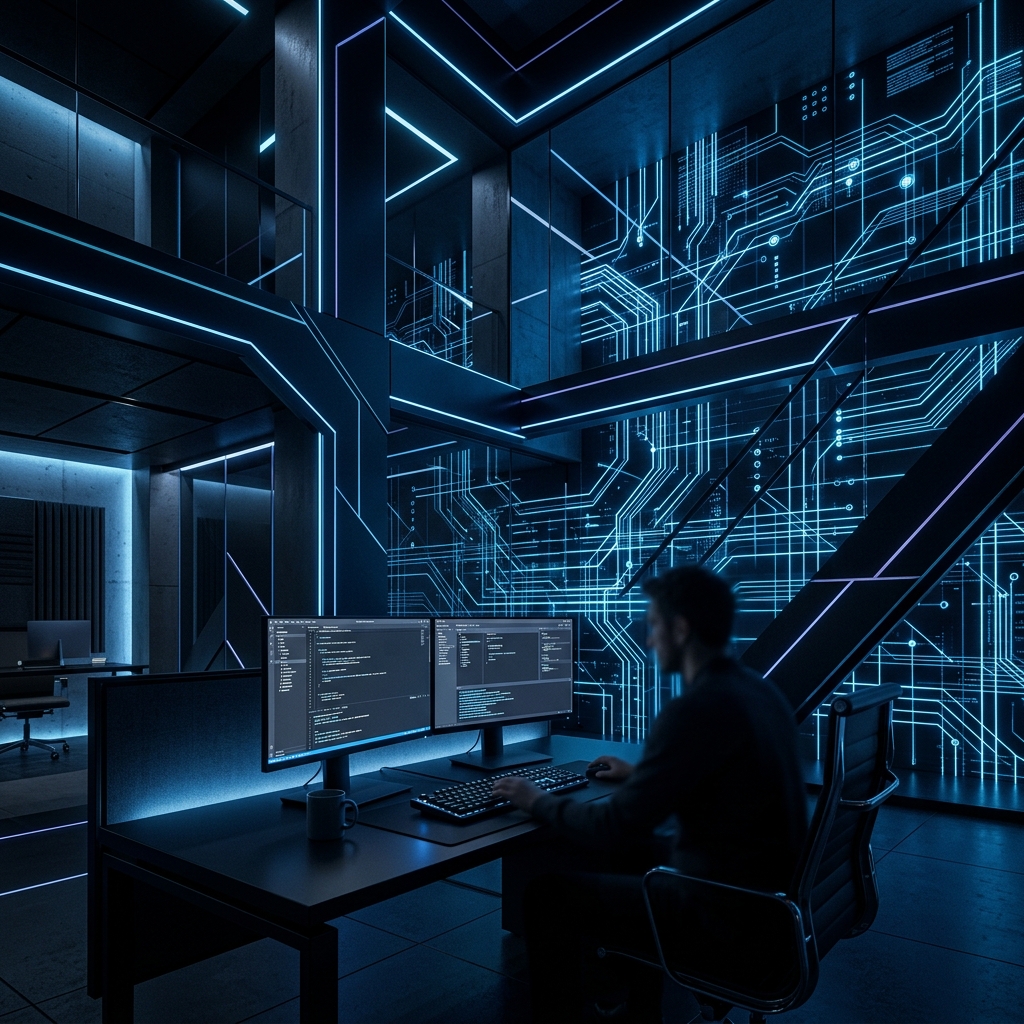 High-end, cinematic, abstract technology background